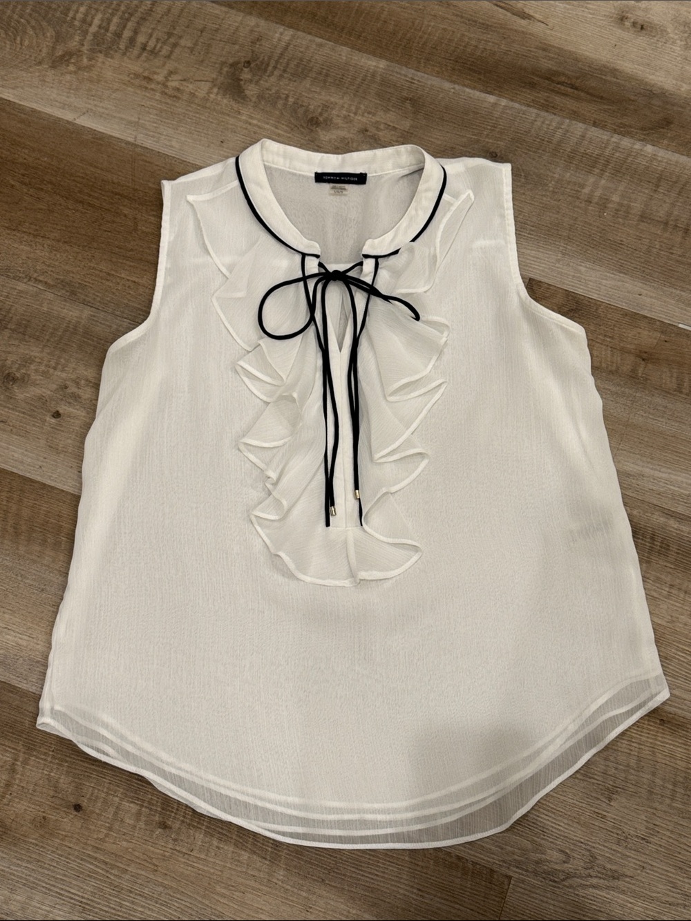 Tommy Hilfiger White Ruffled Sleeveless Blouse with Black Trim